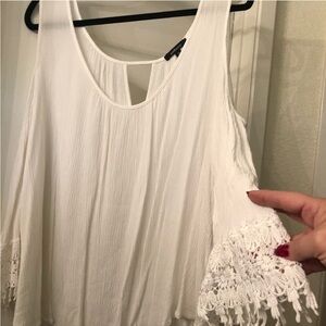 Ambiance White Cold Shoulder Blouse with Lace detail on sleeves